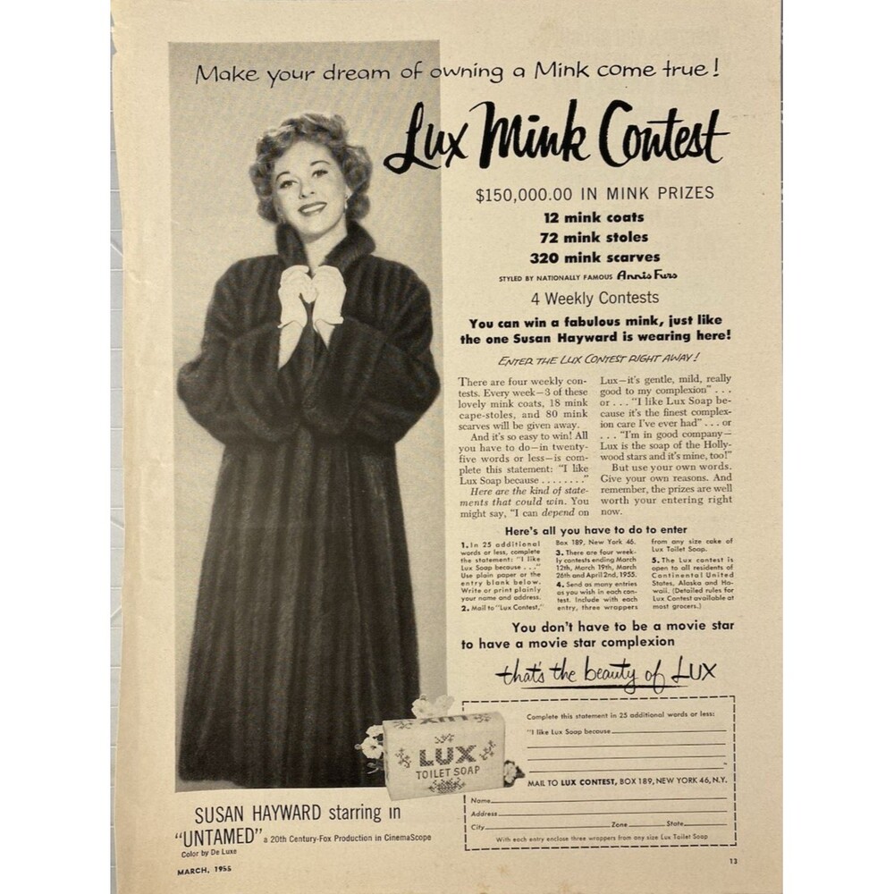 LUX Toilet Soap Mink Contest Susan Hayward "Make Your Dreams Come True!" Ad 1955
